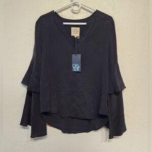Chaser Silk Ruffle Tiered Sleeve Blouse in True Black Size Medium